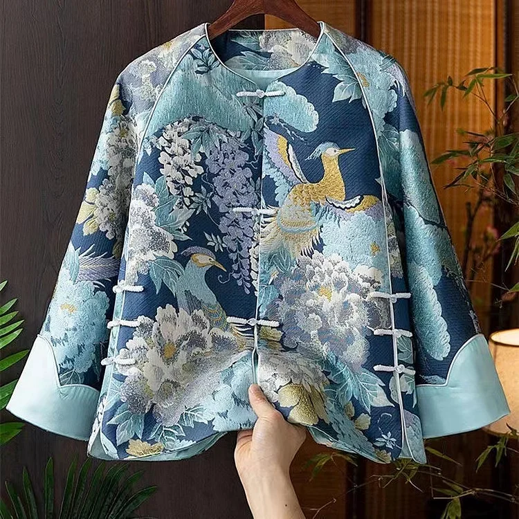 Vintage Chinese Style Embroidered Button Patchwork Silk Coat