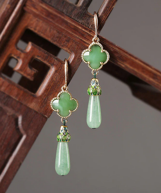 Chic Color Sterling Silver Jadeite Cloisonne Flower Dangle Earrings