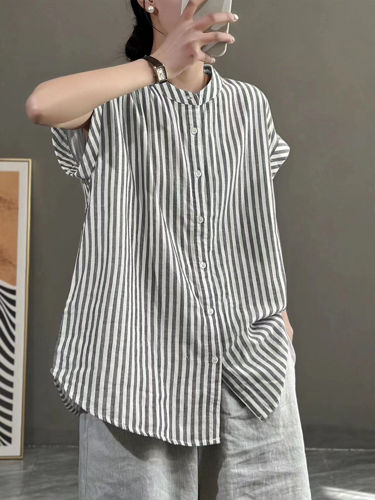 Modern Gray Oversized Striped Cotton Short Sleeve Shirt