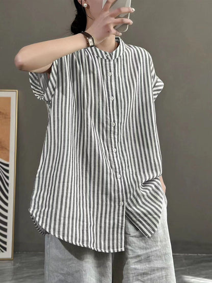 Modern Gray Oversized Striped Cotton Short Sleeve Shirt