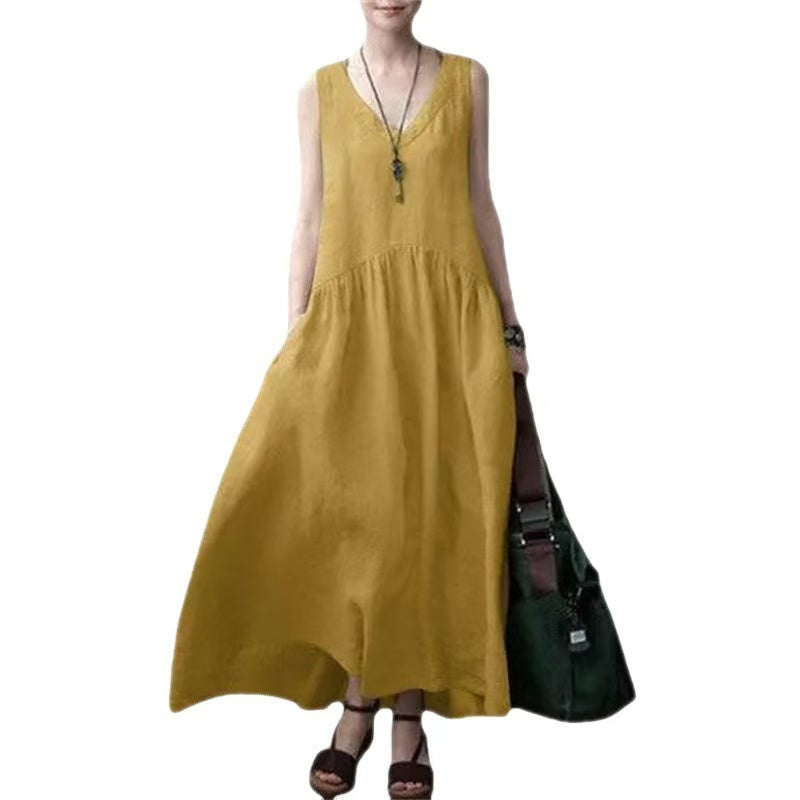 Loose V-neck cotton linen sleeveless dress