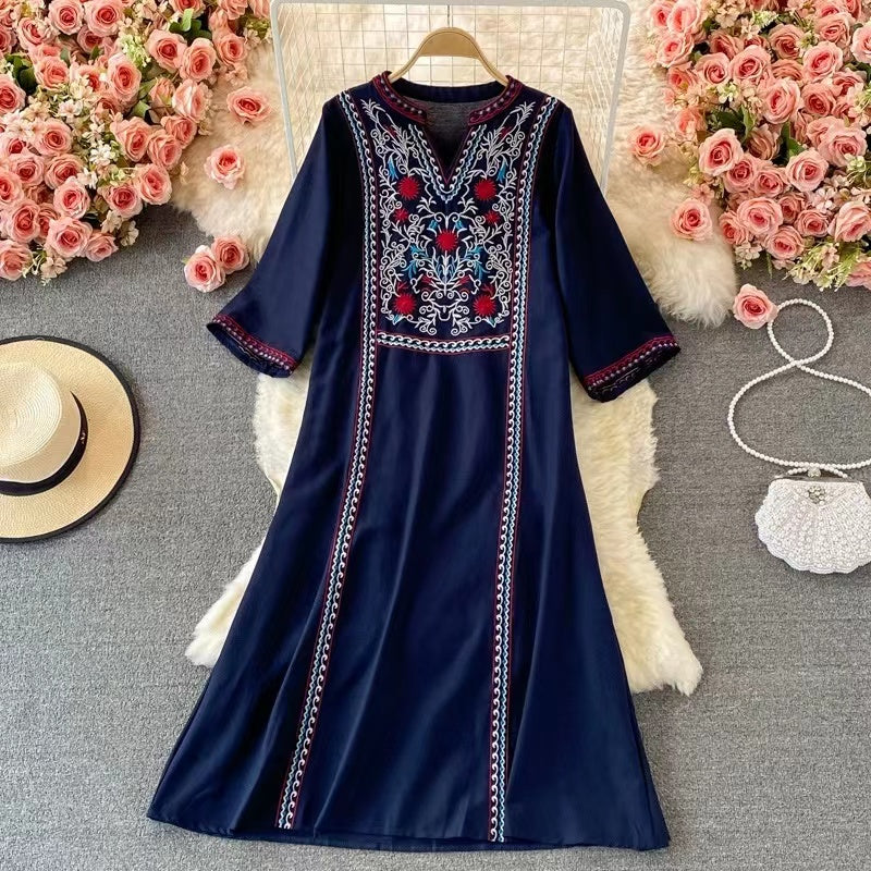 Loose V-Neck Embroidered Fringe Beach Short Sleeve Dress