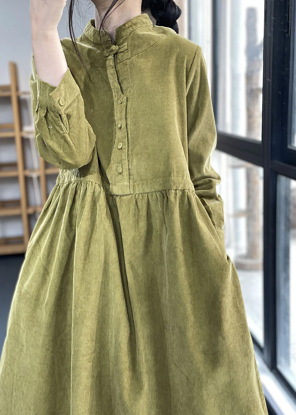 Italian Collar Patchwork Corduroy Dress