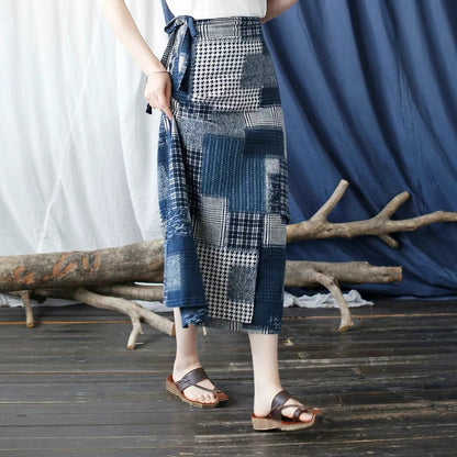 French Print Irregular Cotton Linen Skirt