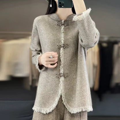 Casual V-Neck Chinese Buttoned Knit Coat