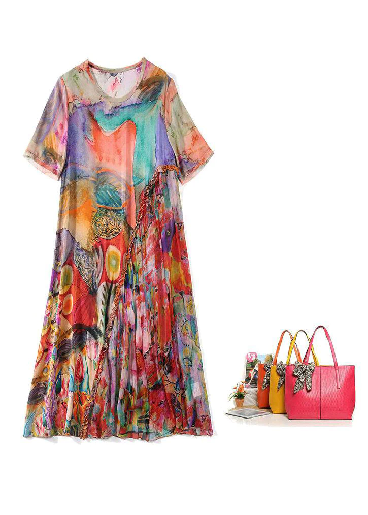 Elegant Round Neck Printed Asymmetric Short Sleeve Silk Long Dress