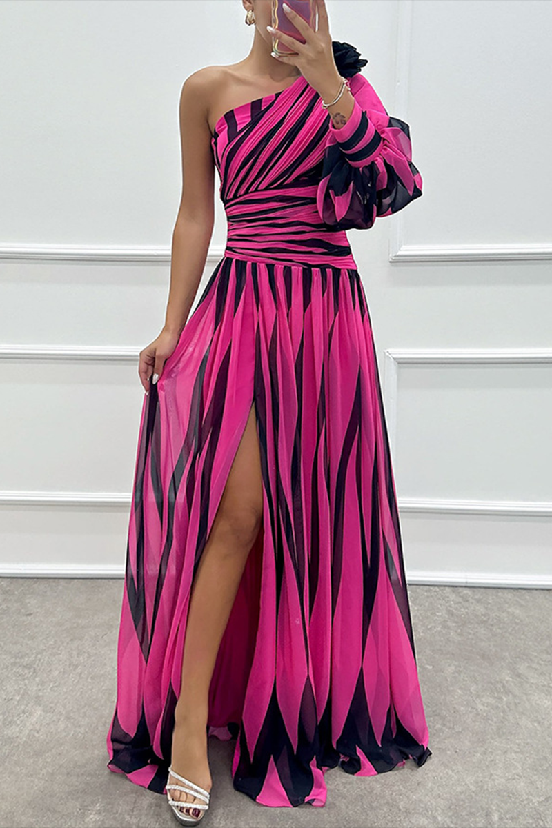 Elegant Striped Printed Slit Irregular Slant Shoulder Gowns