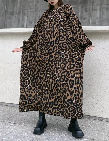 Loose Sexy Neck Leopard Print Light Long Sleeve Dress