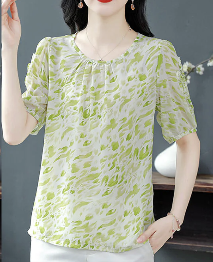 Round Neck Printed Chiffon Shirt Short Sleeve Top