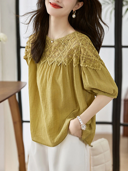 Elegant Lace Patchwork Cotton Interrupted Blouse Top