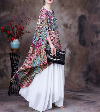 Bohemian Asymmetric Printed Chiffon Blouse Top