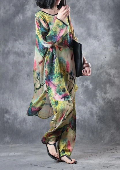 Printed Silk Top Loose Wide Leg Pants Two Piece Set