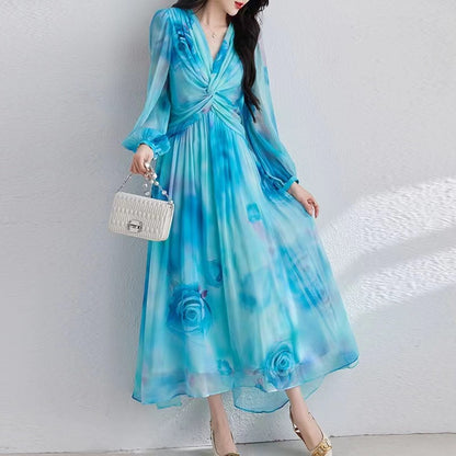 French Printed Patchwork Silk Dress V-Neck Pleated Long Sleeve