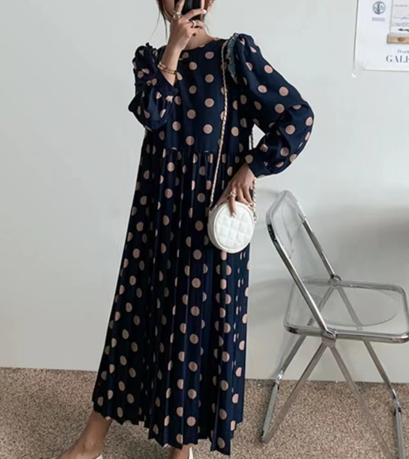 Women's Round Neck Long Sleeve Polka Dot Dresses