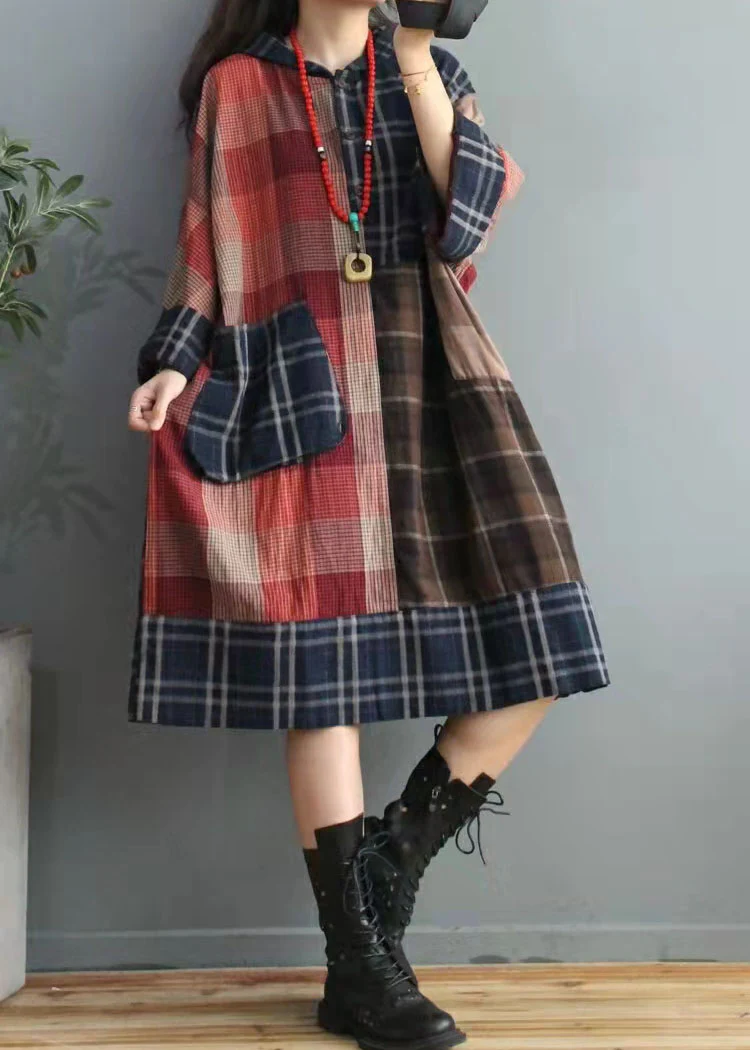 Colorblocked Plaid Asymmetric Design Cotton Resort Dress