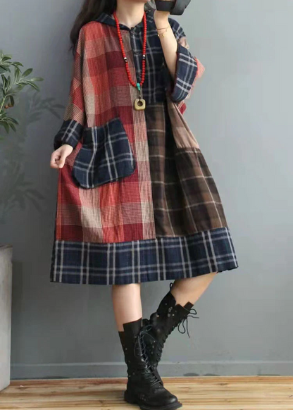 Colorblocked Plaid Asymmetric Design Cotton Resort Dress