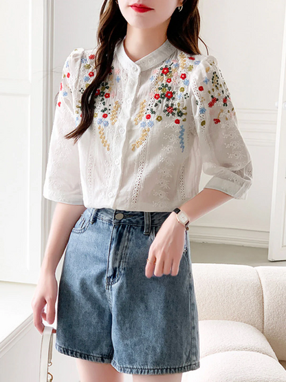 Elegant Embroidered Jacquard Short Sleeve Cardigan Shirt Top