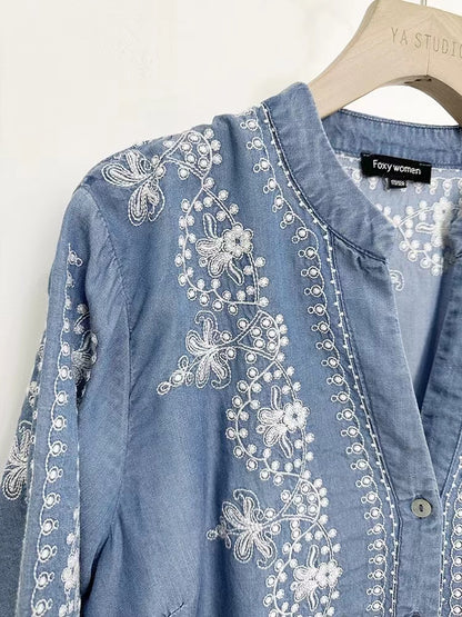 Fashion V-Neck Embroidered Floral Cardigan Long Sleeve Shirt Denim