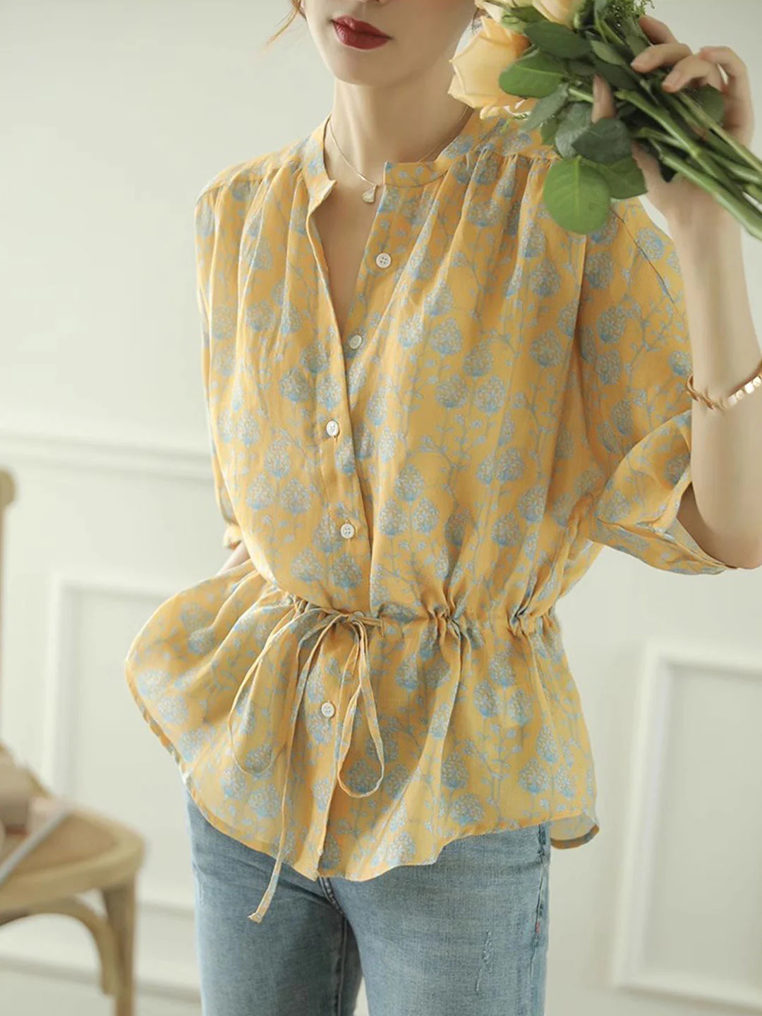 Elegant V-Neck Floral Print Cardigan Shirt Top