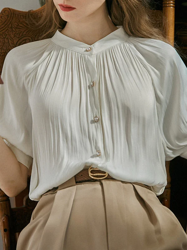 Women's White Round Collar Button Pleated Short Bubble Sleeve Shirt Spring