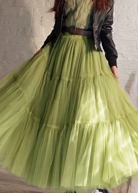 Women's Green Wrinkled Patchwork Tulle Skirt Spring Summer