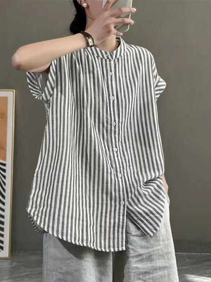 Modern Gray Oversized Striped Cotton Short Sleeve Shirt