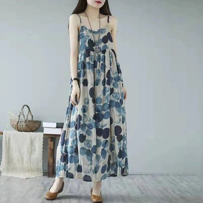 Halter Printed Polka Dot Cotton Linen Long Dress