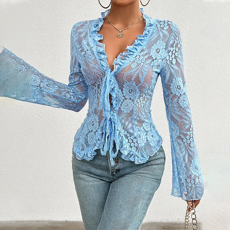 Women's Sexy Lace Hollow Out Flared Sleeve Tie Ruffle Shirt