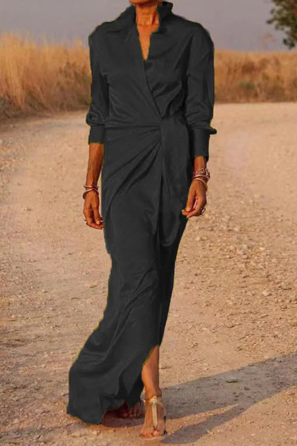 Satin Wrap Shirt Long Sleeve Maxi Dress