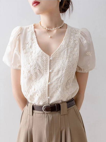 Elegant Collar Bubble Sleeve Lace Chiffon Blouse Top