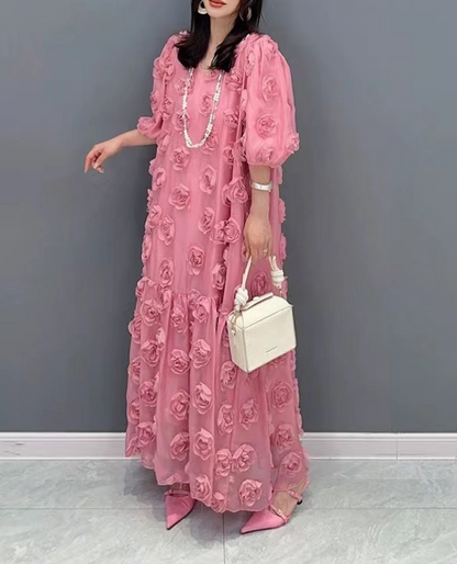 French Rose Floral V-Neck Bubble Short Sleeve Long Dress