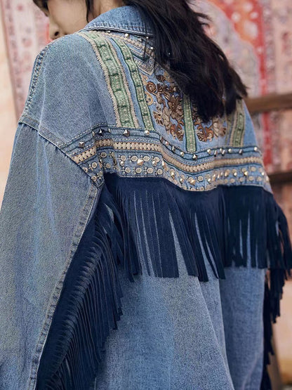 Fashion Embroidery Willow Studded Fringe Short Denim Jacket