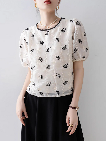 Elegant Bubble Sleeve Embroidered Chiffon Blouse Top