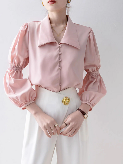 Elegant Lantern Sleeve Long Sleeve Lapel Blouse Top