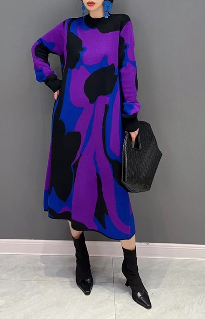 Artistic patterned colorful turtleneck printed knit dress