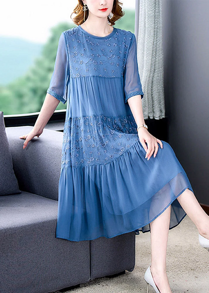 Italian Round Neck Embroidery Patchwork Silk Long Dress Spring Summer