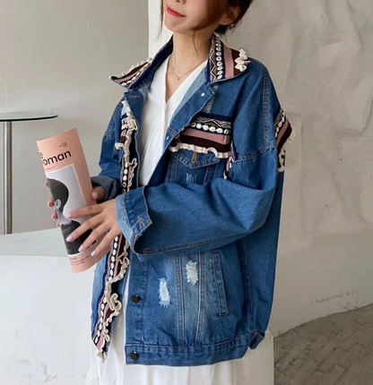 Stylish wood earring knit quilted geometric denim jacket