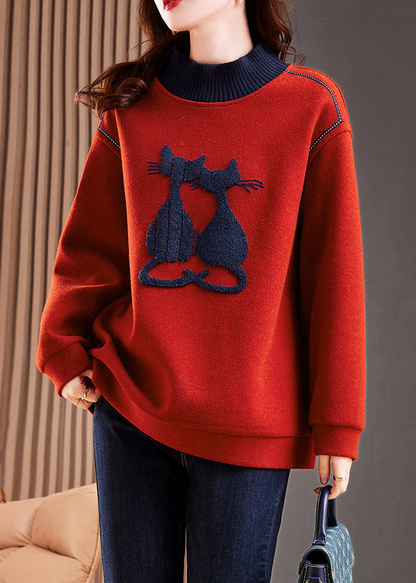 Elegant High Neck Patchwork Cotton Pullover Sweater