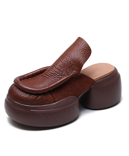 Brown Retro Patchwork Cowhide Thick Sole Slippers