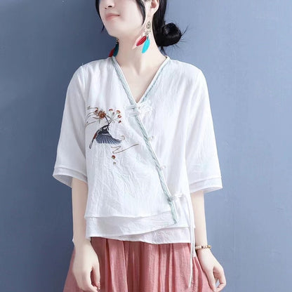 Elegant Embroidered Asymmetric Cotton Blouse Top