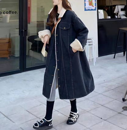 Boho Oversized Padded Wool Lined Denim Trench Coat