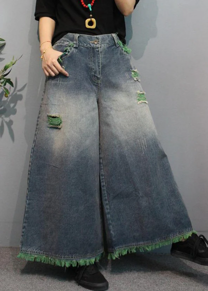 Fashion Pocket High Waist Spliced Denim Wide Leg Pants