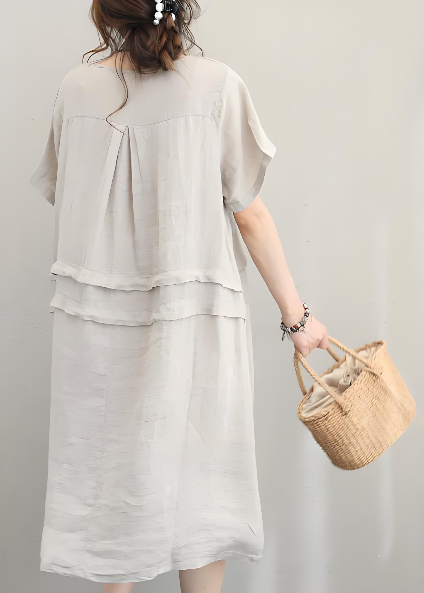 Women's Plus Size Beige O Neck Patchwork Cotton Dress