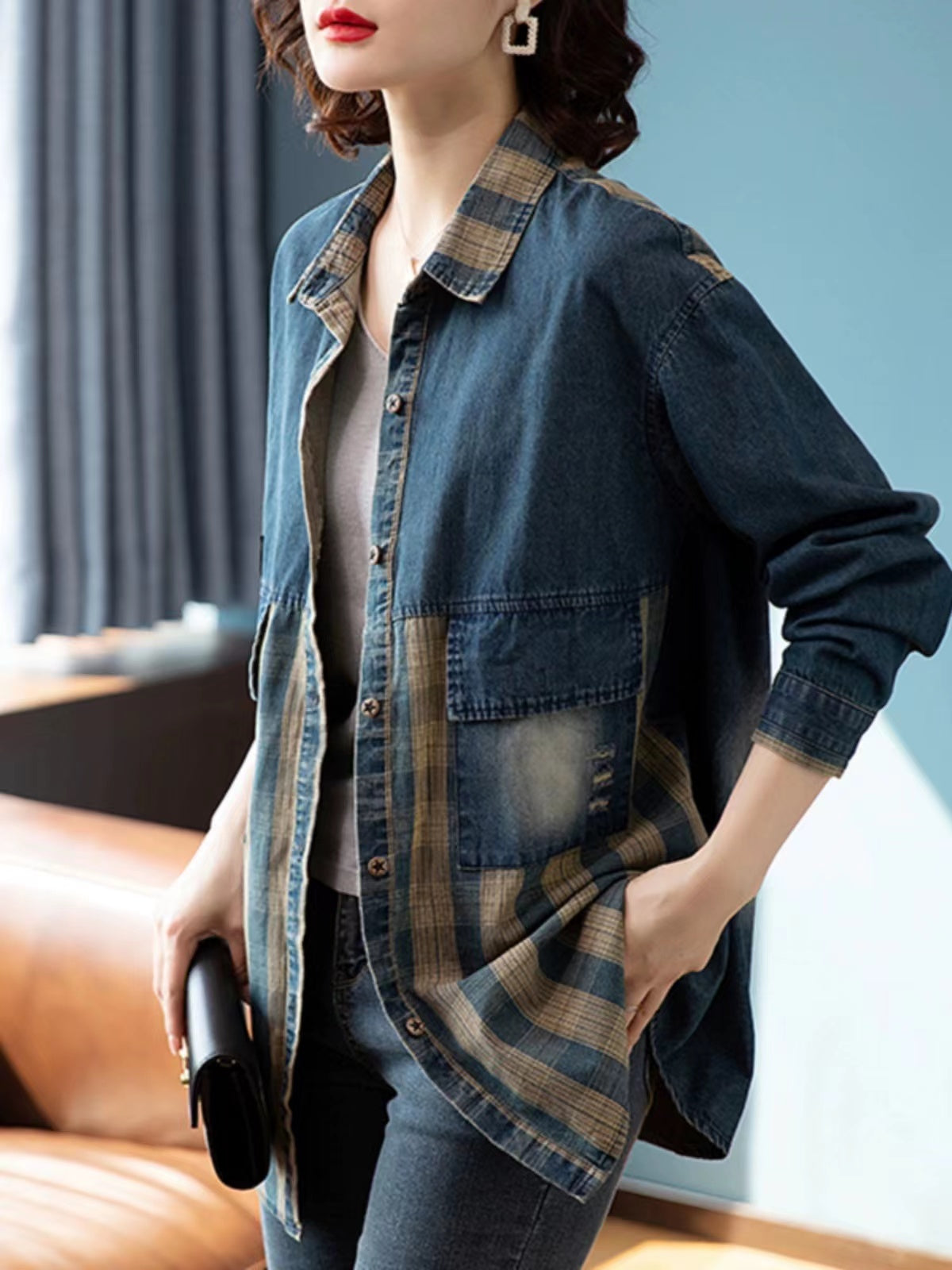 Loose Patchwork Colorblocked Lapel Cardigan Denim Jacket