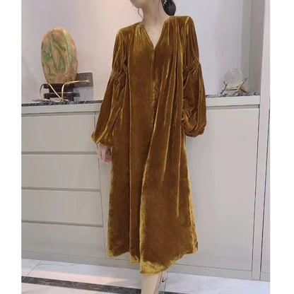 French Yellow V-Neck Bubble Sleeve Pocket Velvet Dress