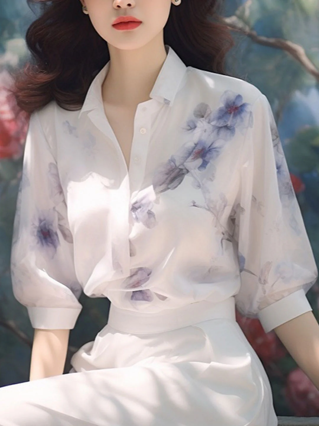 Elegant Lapel Printed Chiffon Long Sleeve Blouse Top