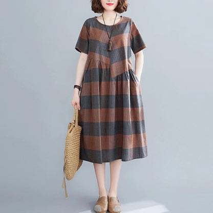 Fashion O Neck Plaid Long Dress Cotton Linen