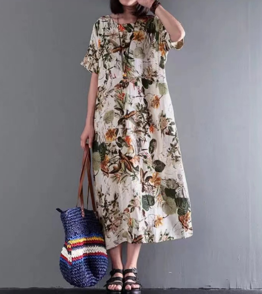 Loose Round Neck Printed Linen Dress