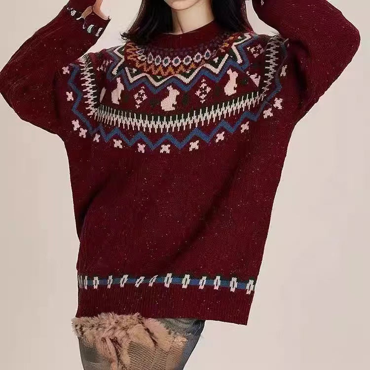 Loose Red Geometric Sweater