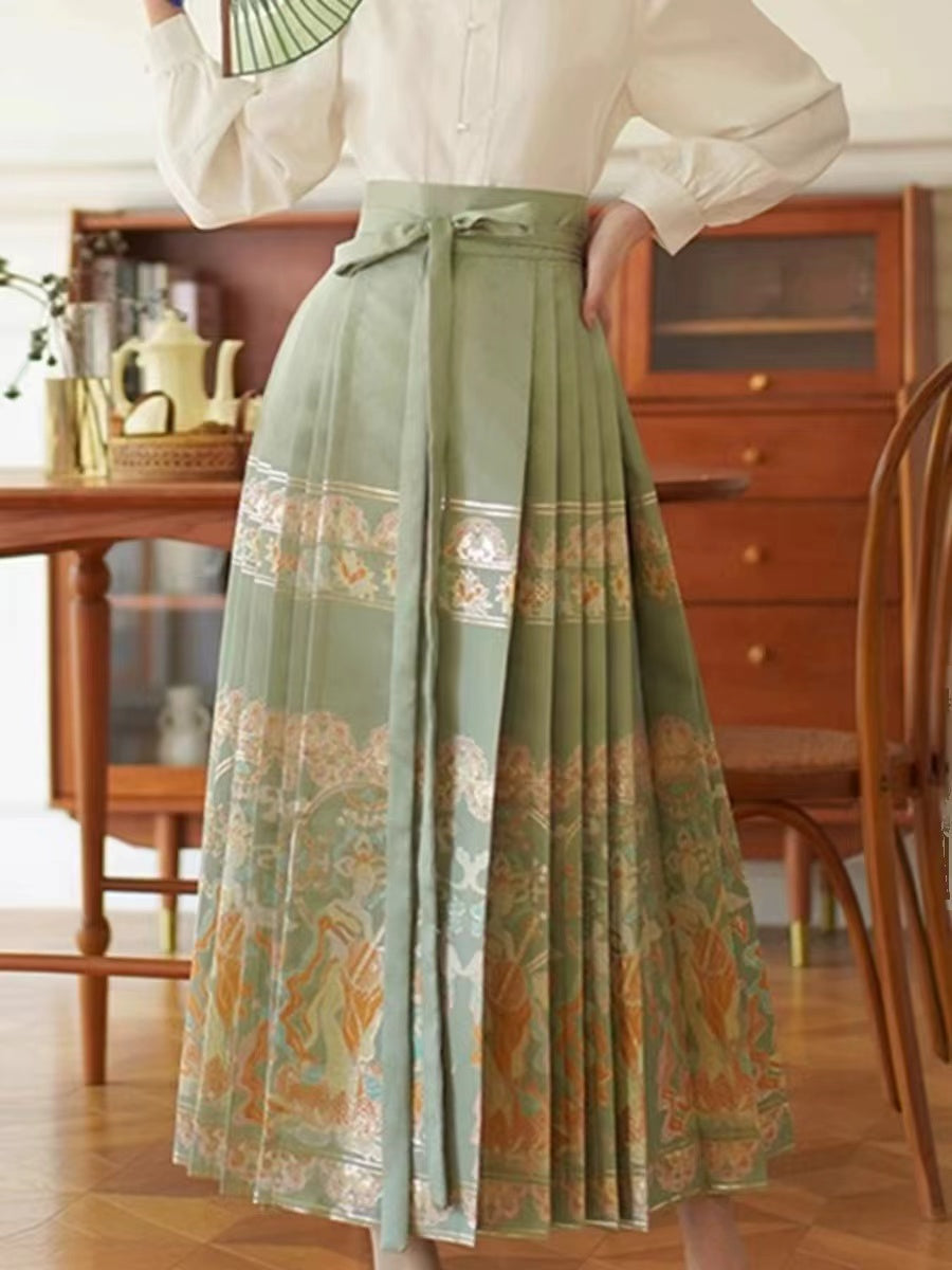 Elegant Vintage Green Printed Pleated Skirt